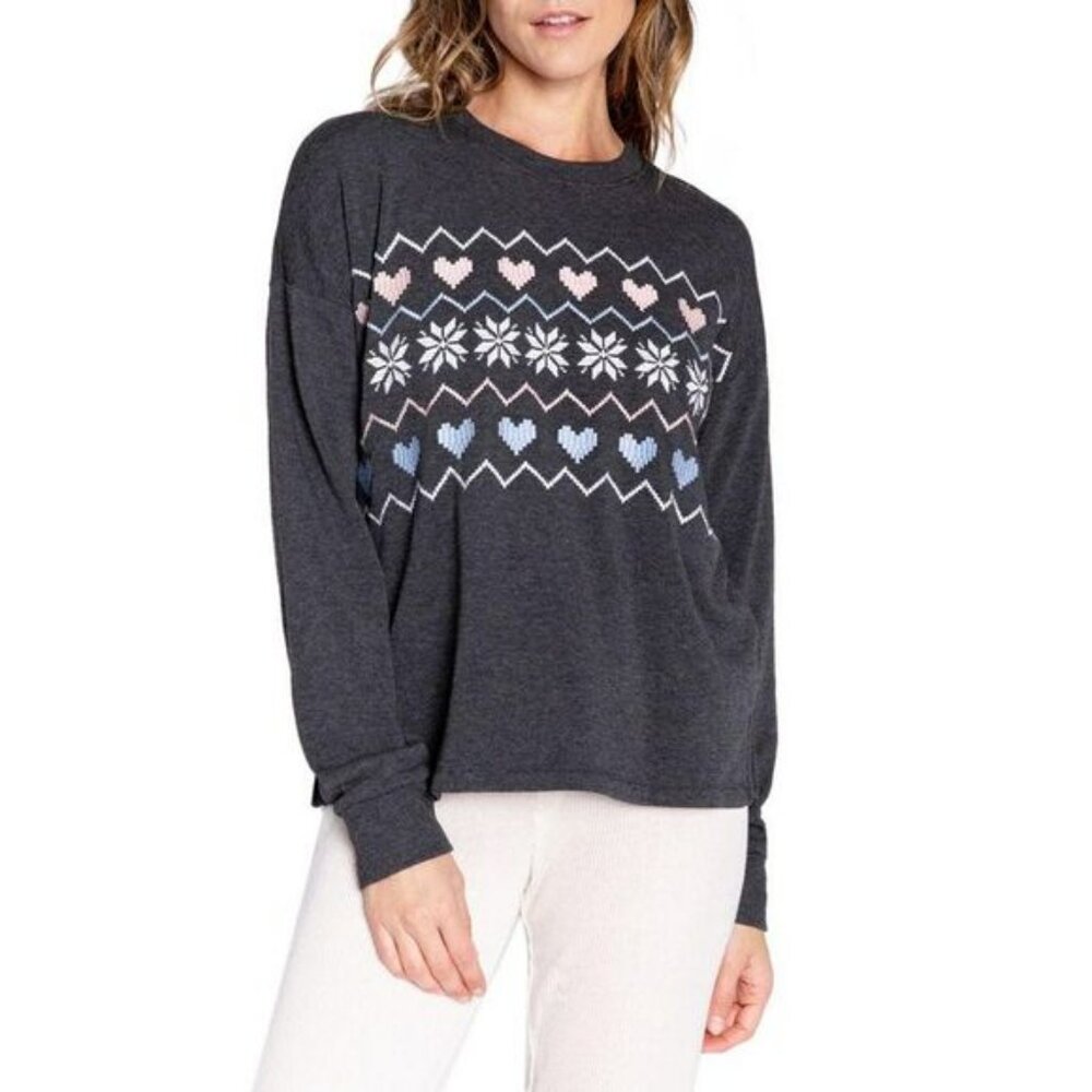 P.J. Salvage Womens Gray Embroidered Crewneck Split Hem Sweatshirt NWT